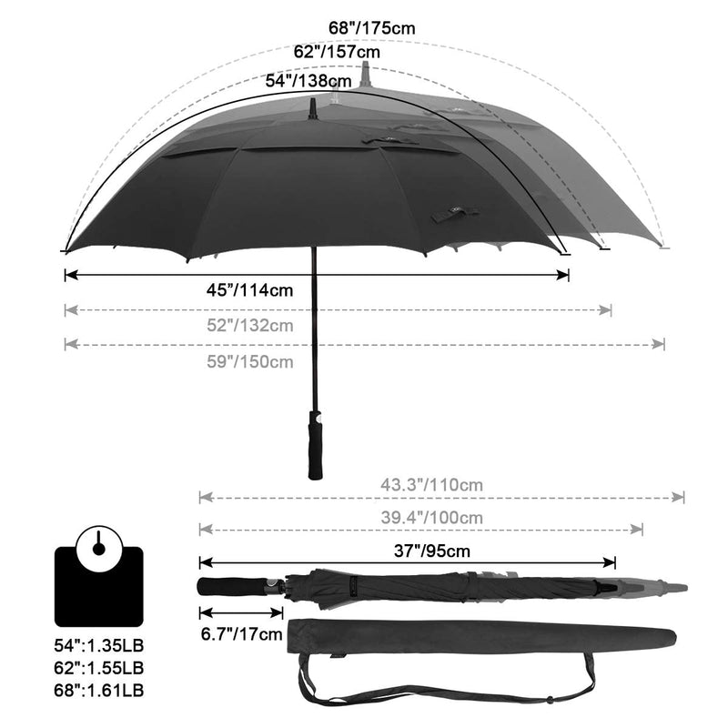G4Free 54/62/68 Inch Automatic Open Golf Umbrella Extra Large Oversize Double Canopy Vented Windproof Waterproof Stick Umbrellas Black 54 inch