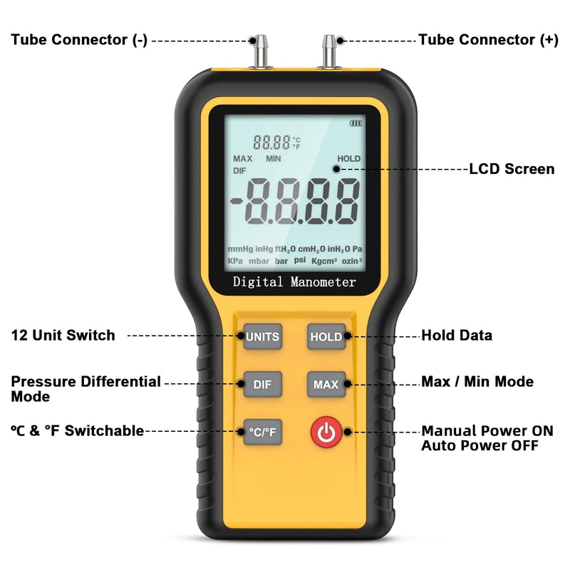Manometer, Professional Air Pressure Gauge, Handheld HVAC Manometer 12 Selectable Units Differential Pressure Display, Dual Port Manometer Gas Pressure Tester with Backlight (Battery Included) Yellow