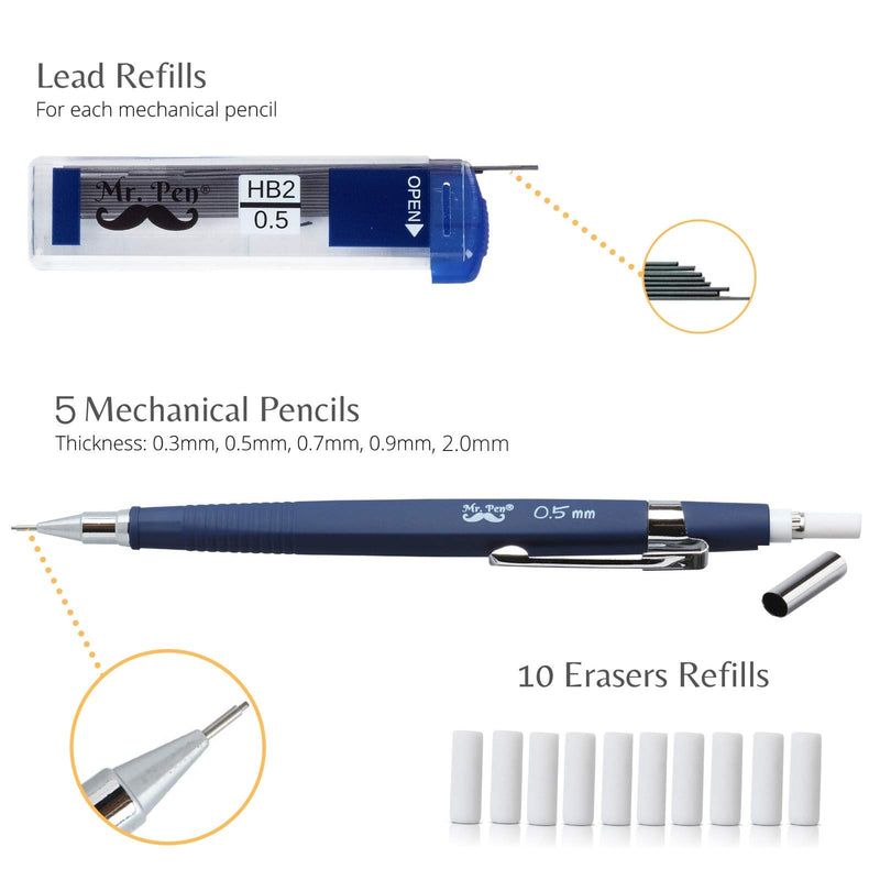 Mr. Pen Mechanical Pencil Set with Lead and Eraser Refills, 5 Sizes - 0.3, 0.5, 0.7, 0.9 and 2 Millimeters, Drafting, Sketching, Illustrations, Architecture, Drawing Mechanical Pencils