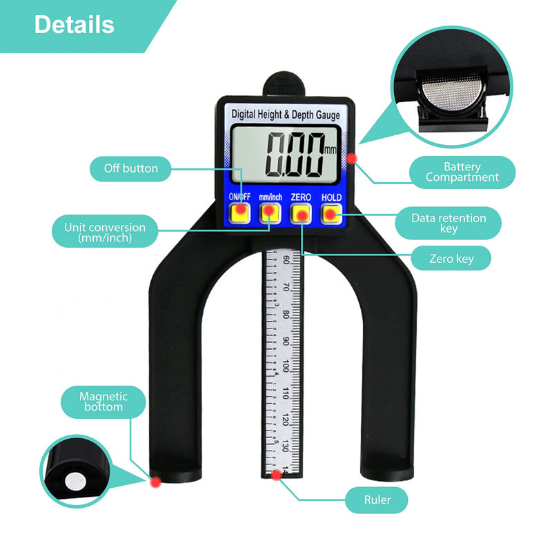 RUIZHI Digital Depth Gauge Altimeter 0-85 mm Profile Depth Gauge LCD Display Digital Caliper for Woodworking Mechanical Engineering with Magnets
