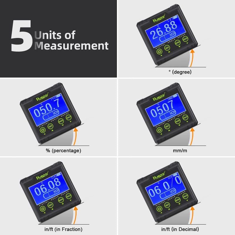 Huepar Digital Protractor, Electric Level Dual Axis Measuring Device 0.01° Resolution V-Groove Magnetic Base & LCD Inclinometer with Audible Alarm 0~360°AG03