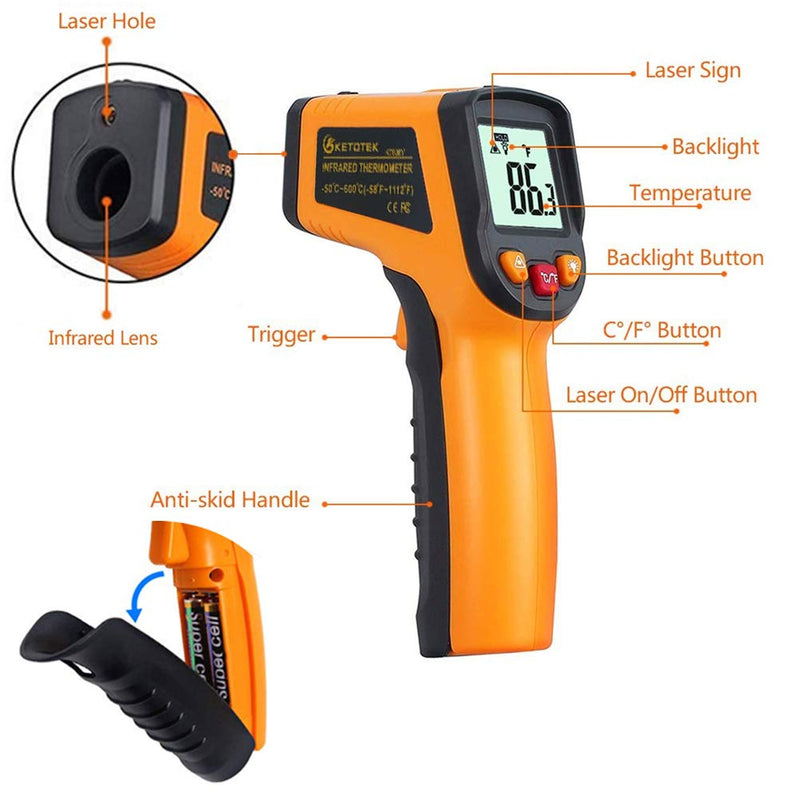 KETOTEK Infrared Thermometer Laser Digital IR Thermometer pyrometer Food Non-Contact Thermometer Gun -50-600℃(-58-1112°F) Thermometer Temperature Tester (Yellow) Yellow
