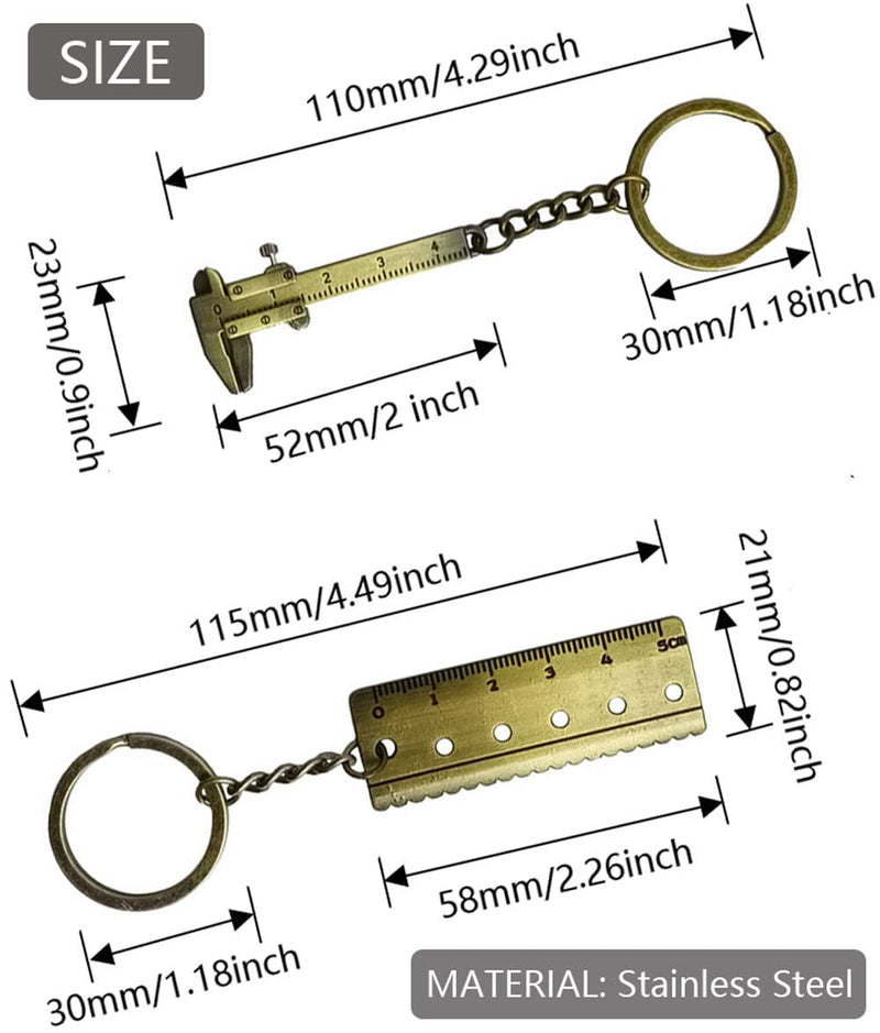 Hyamass 6Pcs Retro Mini Vernier Caliper and Straightedge Keychain Zinc Alloy 3D Movable Vernier Caliper Key Chain Precision Miniature Pocket Vernier Caliper Keyring
