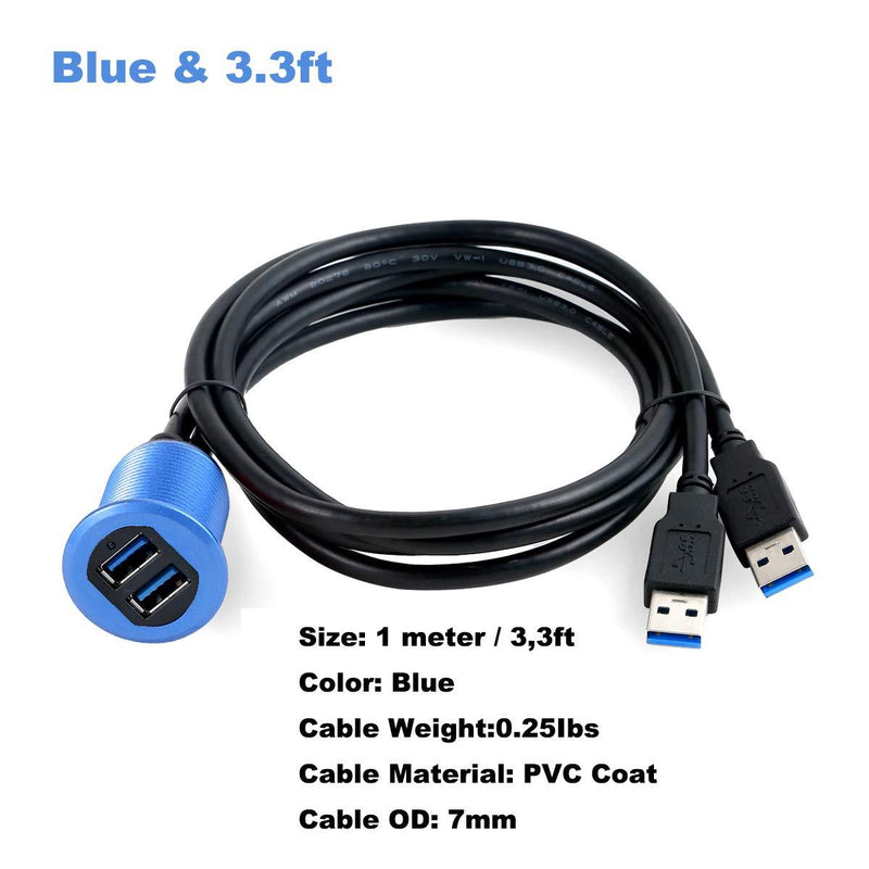 Kework Metal Dual USB 3.0 Ports Mount with Light, 3.3ft 2 Ports USB Male to 2 Ports Female Flush Mount Panel Mount Extension AUX Cable for Car Truck Boat Motorcycle Dashboard (Blue & 3.3ft) Blue & 3.3ft