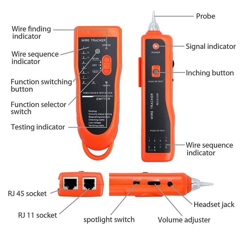 BOOGIIO Wire Tester RJ45 RJ11 Cable Tracker Line Finder Multifunction Wire Tracker Ethernet LAN Network Cat5 Cat6 with Earphone for Cable Collation, Network Maintenance Collation, Telephone Line Test Orange