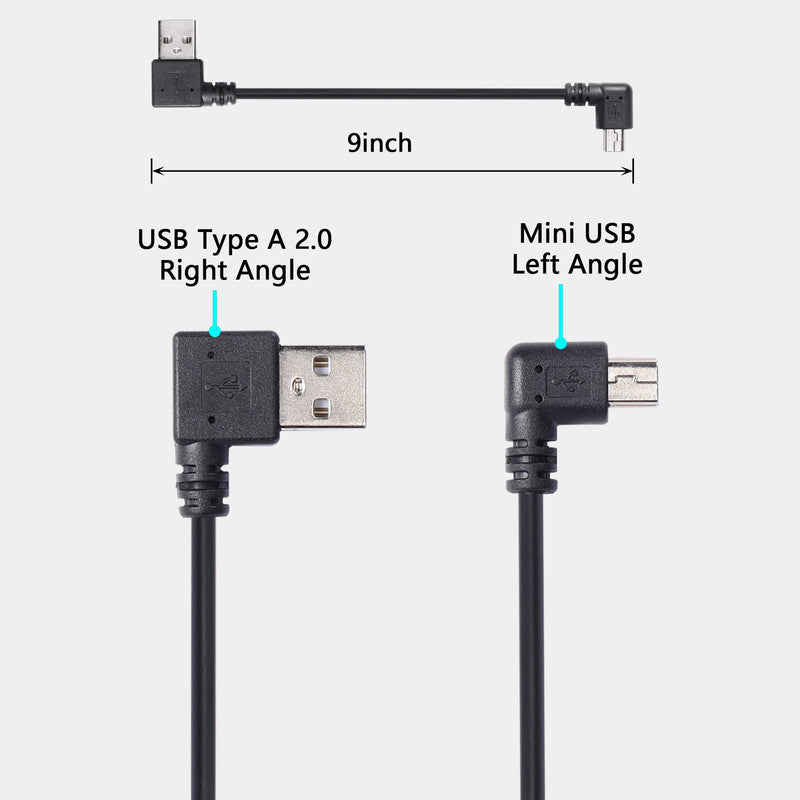CERRXIAN 9Inch Mini USB Cable Combo Mini USB Left Angle to USB Type A 2.0 Right Angle Male Data Sync and Charge Cable (Black)(2-Pack) RL USB A Right-mini usb left