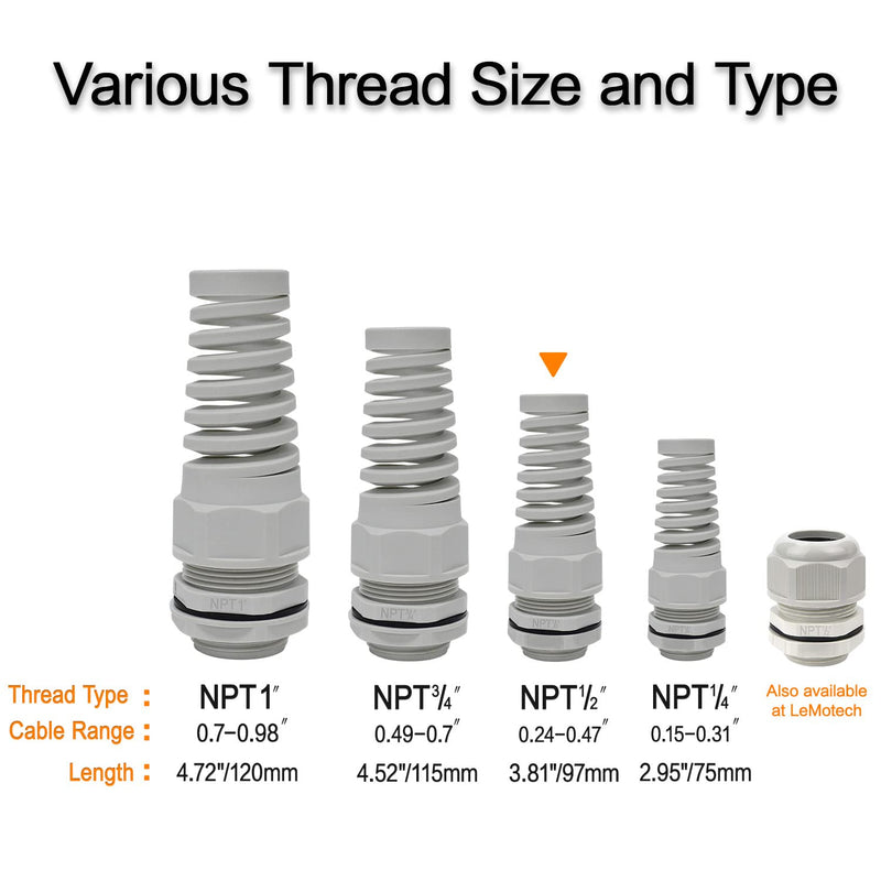 LeMotech 2Pcs NPT 1/2" IP68 Waterproof Cable Gland Flex Spiral Strain Relief Grey Nylon Joint with Gaskets for 6-12mm Wire Thread NPT 1/2" (2-Pack)