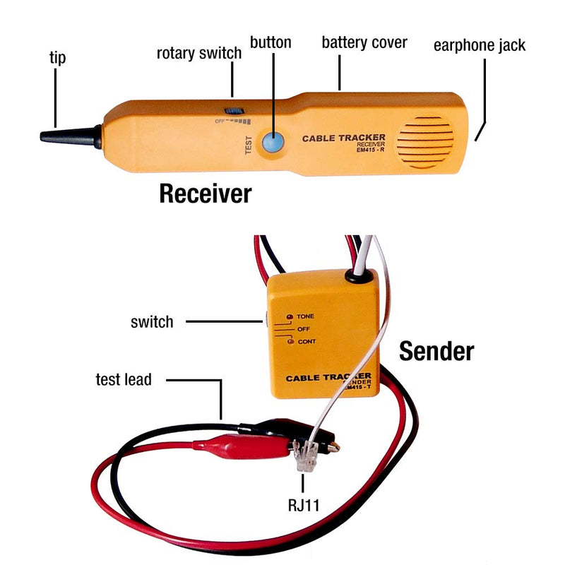 allsun Wire Tracker Telephone Network Probe Circuit Breaker Finder RJ11 Cable Finder Tone Generator Probe Tracker Cable Detector Line, Continuity Checking,Yellow