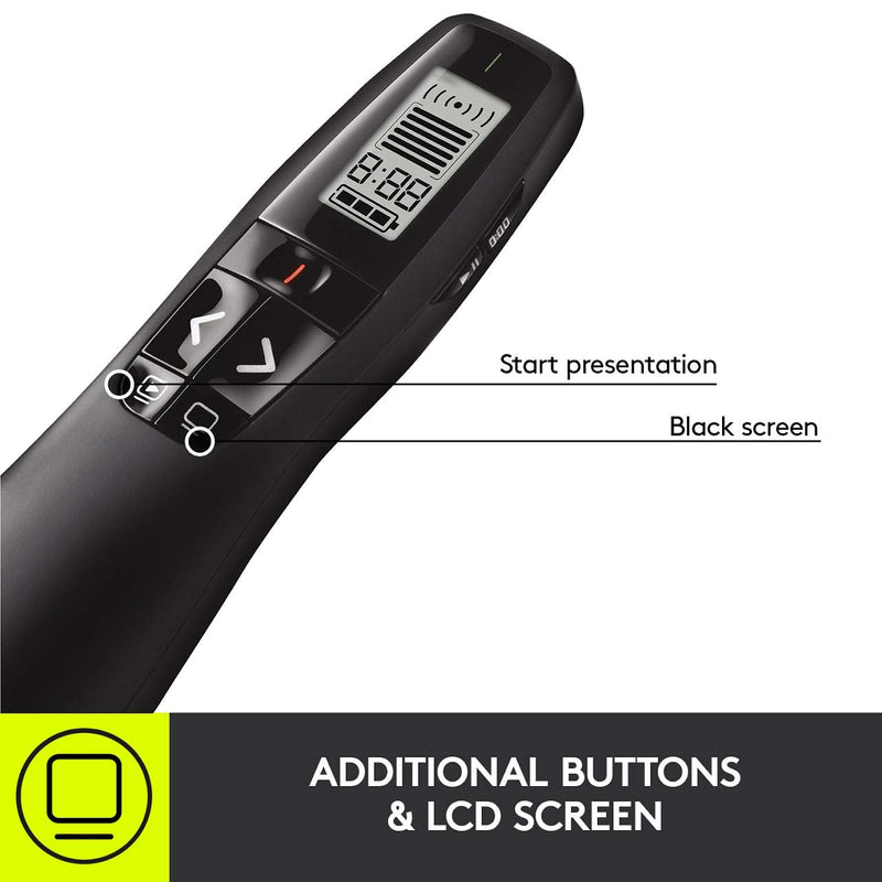 Logitech Professional Presenter R800, Wireless Presentation Clicker Remote with Green Laser Pointer and LCD Display, Black 5 buttons