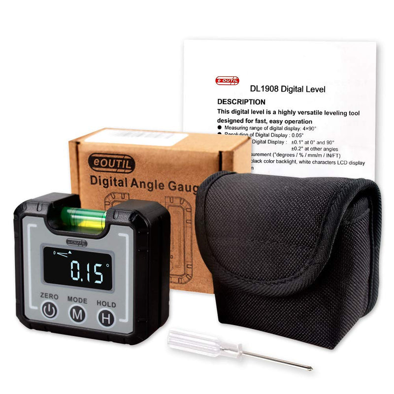 eOUTIL Digital Angle Finder Magnetic Base and Level Bubble Bottle 4 x 90° Protractor Inclinometer Mini Level Protractor for Woodworking, Construction, Table Saw, Vertical Wall