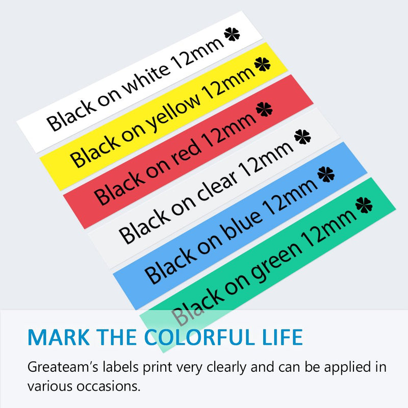 Greateam Compatible Label Tape 12mm Replacement for Brother TZe TZ Tape 12mm 0.47" P-Touch Label Tape TZe-231 TZe131 TZe431 TZe531 TZe631 TZe731 for Brother PT-D210 PTH110 PTD400 PT-D600 PTP300BT, 6PK Black on Clear/White/Red/Blue/Yellow/Green