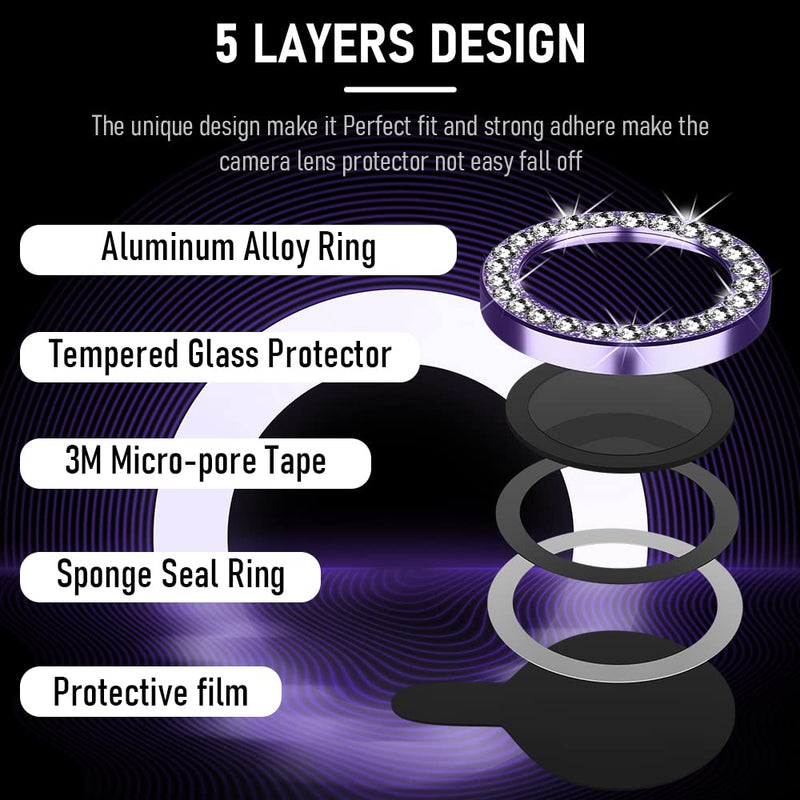 Suoman for iPhone 14 Pro 6.1 inch /14 Pro Max 6.7 inch Camera Lens Protector, Set with Diamonds Bling Camera Cover Tempered Glass for iPhone 14 Pro Max /14 Pro [Perfectly Fit] - Diamond Purple Diamond-Purple