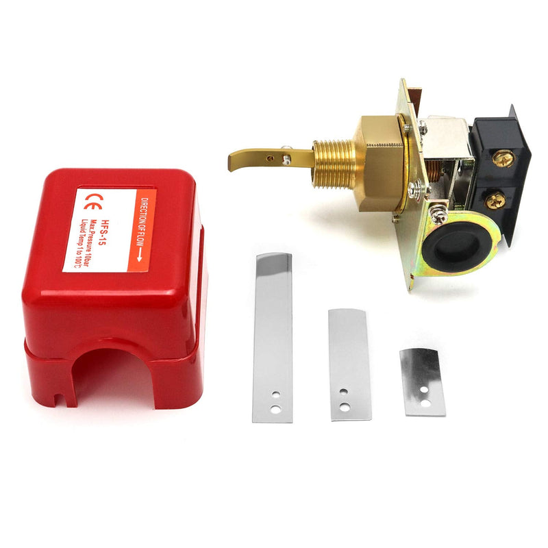 QWORK 1/2" (HFS-15) Water Flow Control Switch, 250V Brass Water Flow Switch Paddle Control, 1.0Mpa, SPDT Output, Male Thread Connection