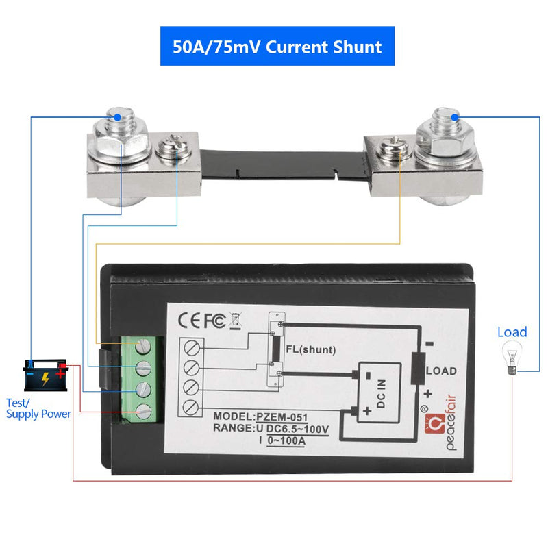 PEACEFAIR PZEM-051 LCD Display DC 6.5-100V Digital Electric Power Energy Voltage Current Meter Power Energy Battery Monitor Amperage Meter Gauge with Built-in Shunt(50A Shunt)