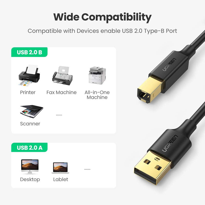 UGREEN USB 2.0 Printer Cable - A-Male to B-Male Cord USB A to B Cable High Speed Scanner Cord Compatible with Hp, Cannon, Brother, Samsung, Dell, Epson, Lexmark, Xerox,Piano, Dac and More 5 FT 5FT