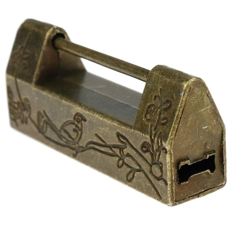 Quluxe Antique Chinese Lock and Key, Flower Bird Carved Retro Padlock Old Vintage Lock with Key for Jewelry Box- Bronze