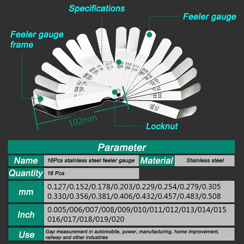 Smgda Stainless Steel Feeler Gauge Dual Reading Combination Gap Thicknes Measure Inch & Metric 0.127-0.508mm / 0.005 inch-0.020inch