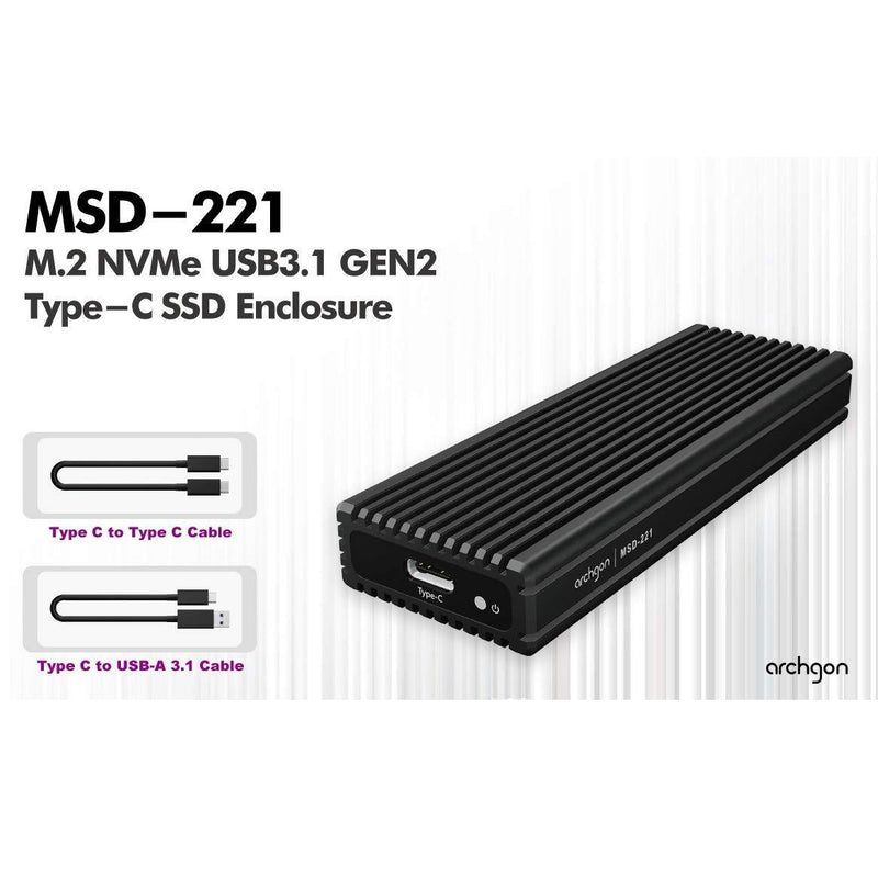 archgon USB 3.1 Gen.2 NVMe Aluminum External SSD Enclosure with Both USB-C and USB-A Cables Compatible with M.2 2230/2242/2260/2280 PCIe-Based Solid State Drive Model MSD-221 (Black)
