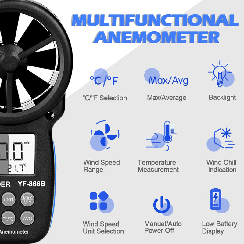 Anemometer Handheld,Digital Wind Speed Meter Anemometer w/Wind Velocity&Wind Temp Measurement,Wind Gauges Airflow Tester for HVAC CFM Shooting Drone(INFURIDER YF-866B)