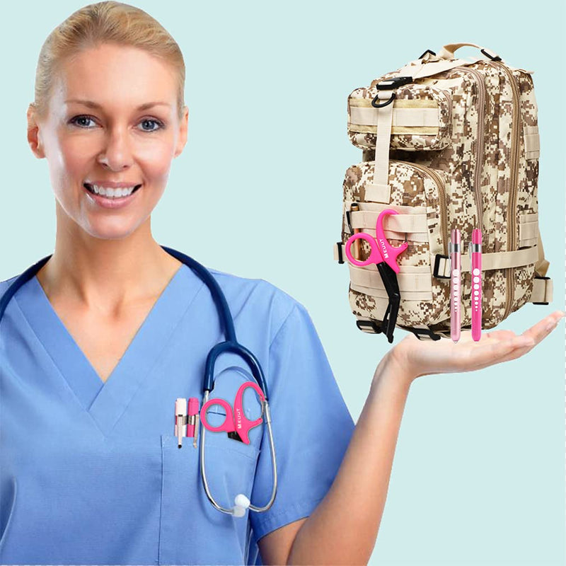 MEUUT 3 Pack Medical Scissors Penlights for Nurses-Two Medical Pen lights with Pupil Gauge, One 7.5" Trauma shears Bandage Scissors with Carabiner-Nurse Accessories for Nurse Doctor Pink scissor+Pink&Light pink penlight