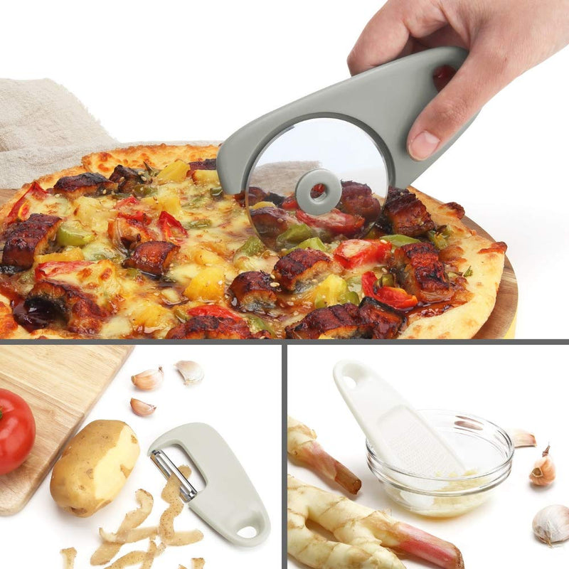 PortoFino 5 Pc. Kitchen Gadget Set – Space Saving Cooking Tools/Food Accessories – Cheese/Chocolate Grater, Garlic/Ginger Grinder, Pizza Cutter, Bottle Opener, Fruit/Vegetable Peeler
