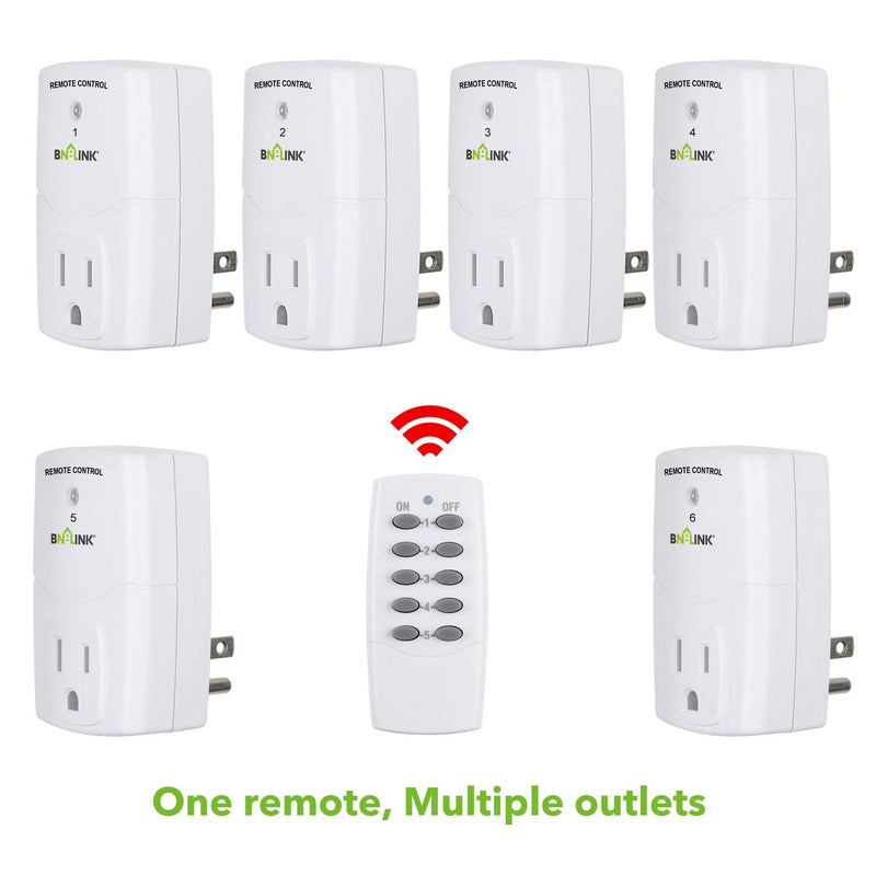 BN-LINK Mini Wireless Remote Control Outlet Switch Power Plug in for Household Appliances, Wireless Remote Light Switch, LED Light Bulbs, White (2 Remotes + 5 Outlets) 1200W/10A