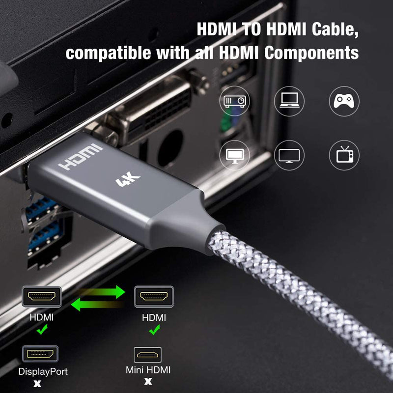 4K HDMI Cable 6.6 ft,Capshi High Speed 18Gbps HDMI Cable,4K, 3D, 2160P, 1080P, Ethernet - 28AWG Braided HDMI Cord - Audio Return(ARC) Compatible UHD TV, Blu-ray, PS4, PS3, PC 6.6 feet Grey