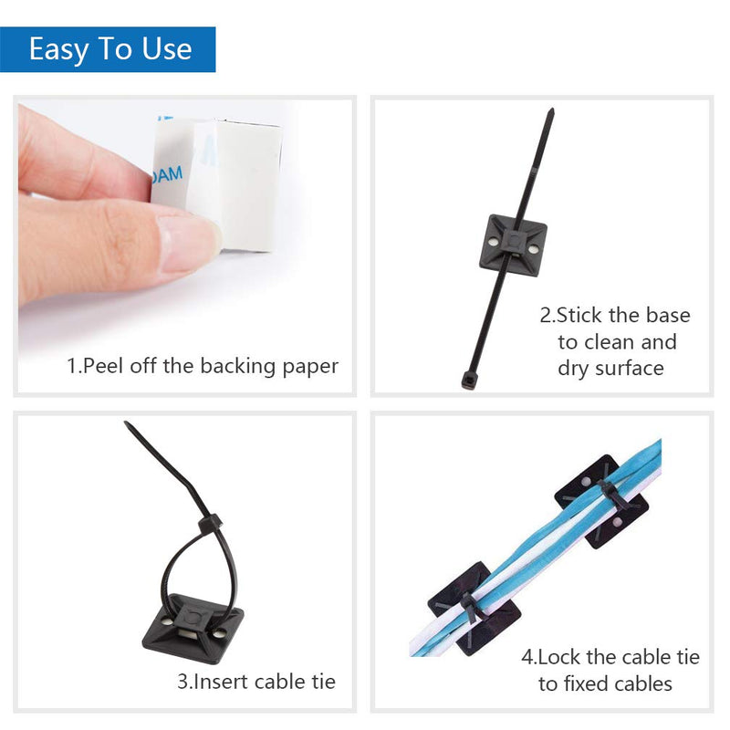 Self Adhesive Cable Tie Mounts - 3M Strongly Adhesive-Backed Zip Tie Base Holders for Home, Office Cable Wire Management(19.5mm x 19.5mm, Black, 100pack) 19.5mm x 19.5mm