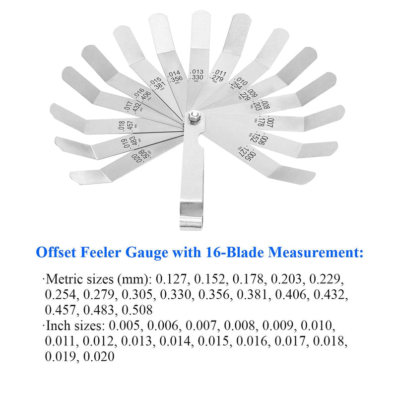 ZUZUAN 1 Pack Feeler Gauge with 32-Blade and 1 Pack Offset Feeler Gauge with 16-Blade, Gauge Dual Marked Metric and Imperial Gap Measuring Tool