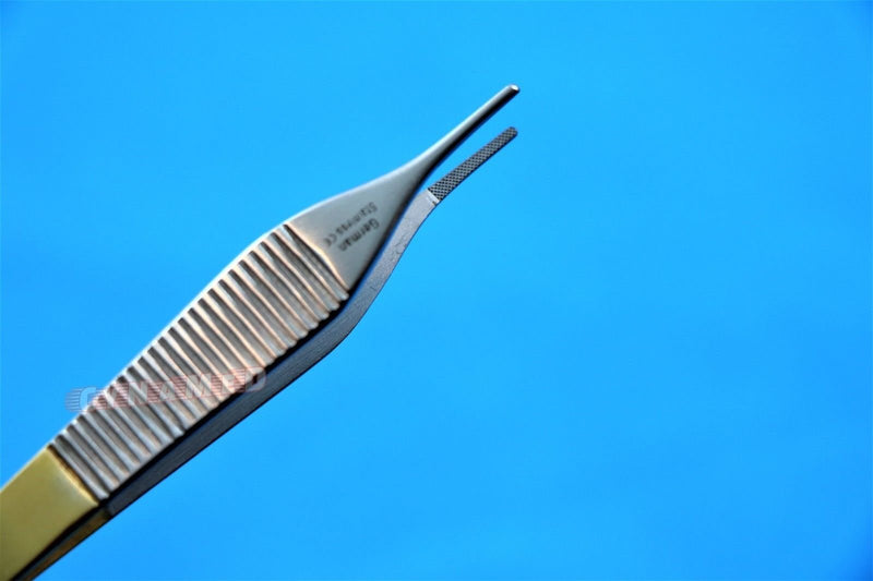 New German Grade Adson Dressing Forceps Micro 4.75" with Tungsten Carbide Inserts and Gold Handle Premium Dental Surgical Instruments Cynamed