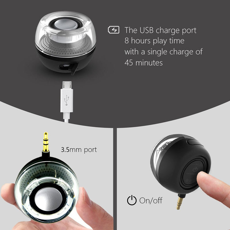 Portable Speaker, Leadsound Crystal 3W 27mm 8Ω Mini Wireless Speaker with 3.5mm Aux Audio Jack Plug in Clear Bass Micro USB Port Audio Dock for Smart Phone, for Pad, Computer (Black) black