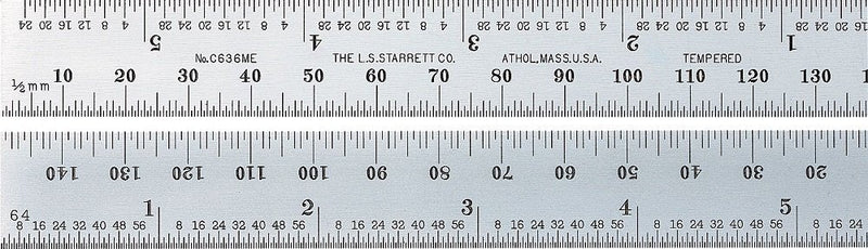 Starrett C636ME-150 Spring Tempered Steel Rule With Millimeter And Inch Graduations, 150mm Length, 19mm Width, 1.2mm Thickness