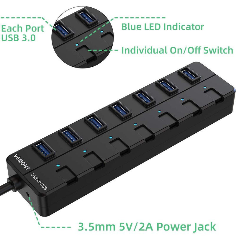 VEMONT Power USB hub,7-Port USB 3.0 hub with 5V2A Power Adapter and Individual On/Off Switches,USB Charging hub 4ft/1.2m Long Cable