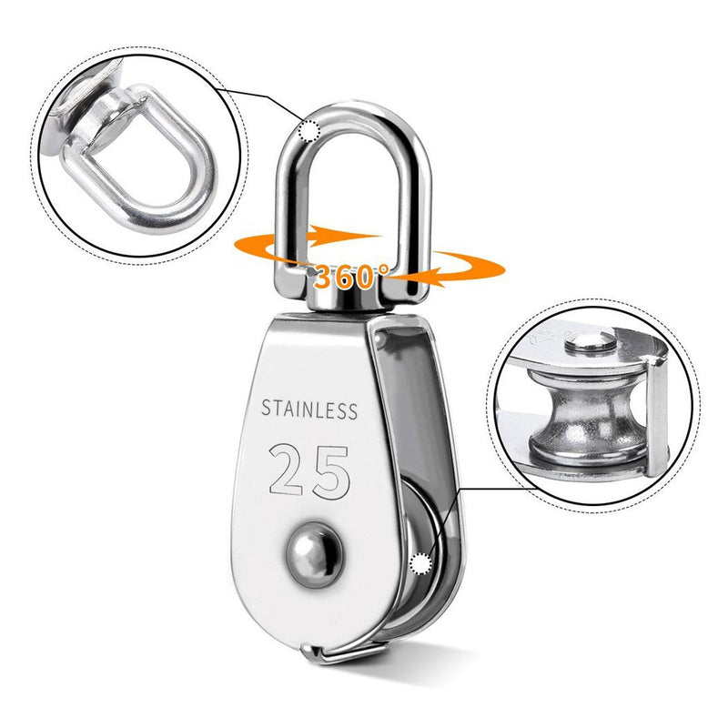 TooTaci 25MM Pulley Block System for Lifting with Rope and Hooks, 2pcs 304 Stainless Steel M25 Lifting Pulley Block Cable Wire Towing Wheel,66ft Nylon Rope & 2 pcs Carabiner Hook 4MMrope