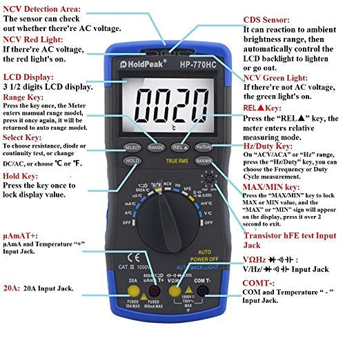 HOLDPEAK Digital Multimeter HP-770HC 6000 Counts Auto Ranging with NCV AC/DC Voltage Current Resistance Capacitor Frequency Temperature 2-HP-770HC Multimeter