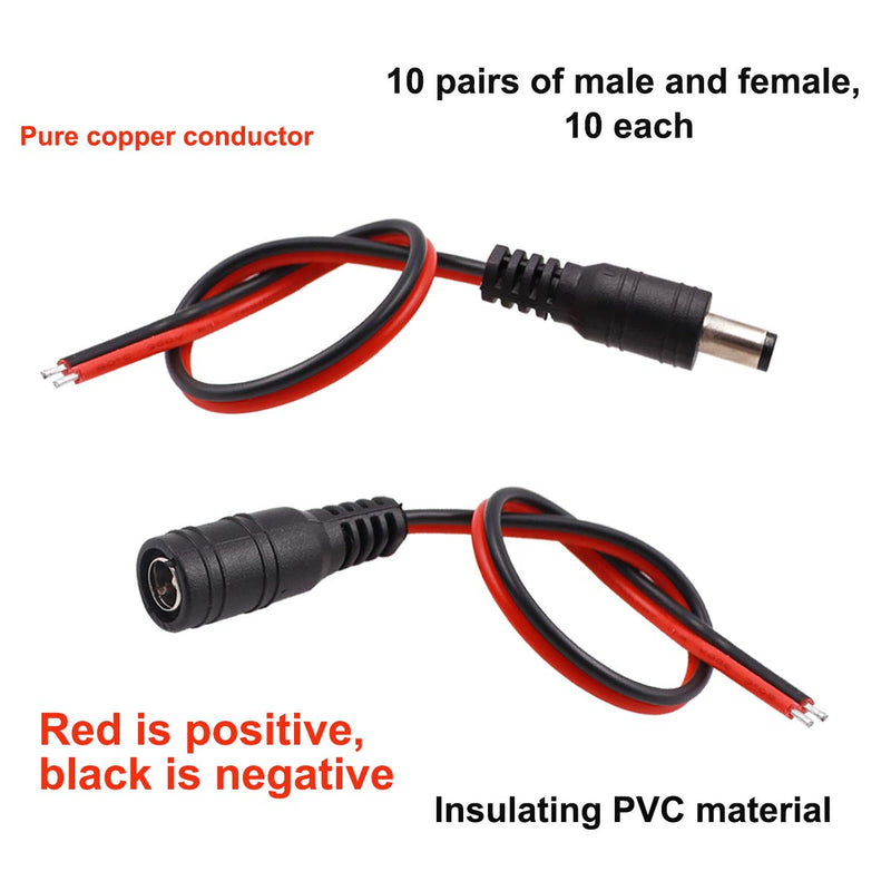 Taiss 10 Pairs 18AWG DC Power Pigtail Cable12V 5A, Used in CCTV Surveillance Camera Pigtail Power Plug Adapter 5.5mm x 2.1mm Male and Female Connectors.F-001-2S-10P