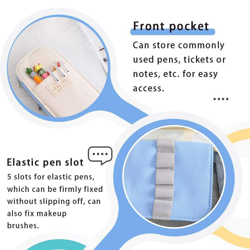 iSuperb Foldable Pencil Case Zipper Big Capacity Canvas Pencil Pouch Stationery Organizers Pen Bag Compartments Cosmetic Makeup Bags for Women Blue+Beige