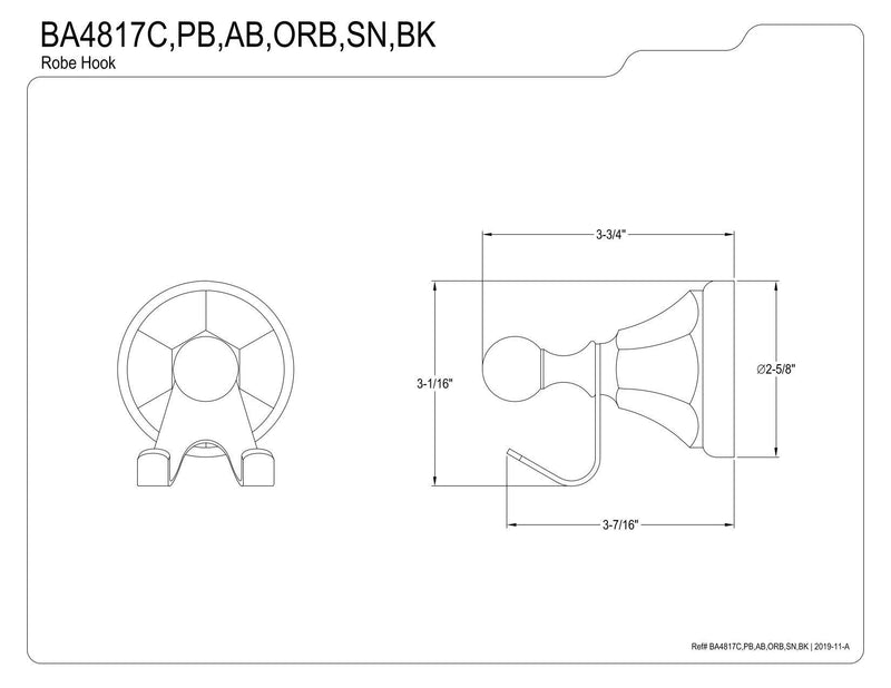 Kingston Brass BA4817C Metropolitan Robe Hook, Polished Chrome,3-3/4" Length