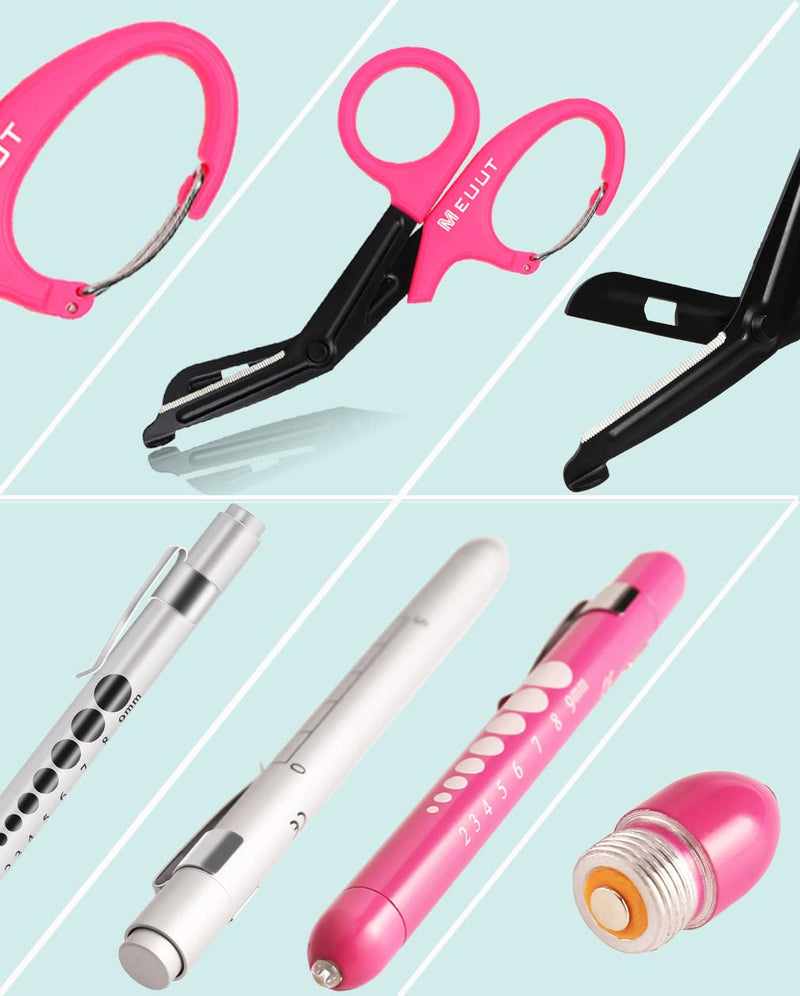MEUUT 3 Pack Penlights for Nurses & Medical Scissors-Two LED Medical Penlights with Pupil Gauge, One 7.5" EMT Trauma Shears Bandage Scissor with Carabiner-Medical Supplies for Nurse Doctor EMT Rose Red Shear+Rose Red&Silver Penlights