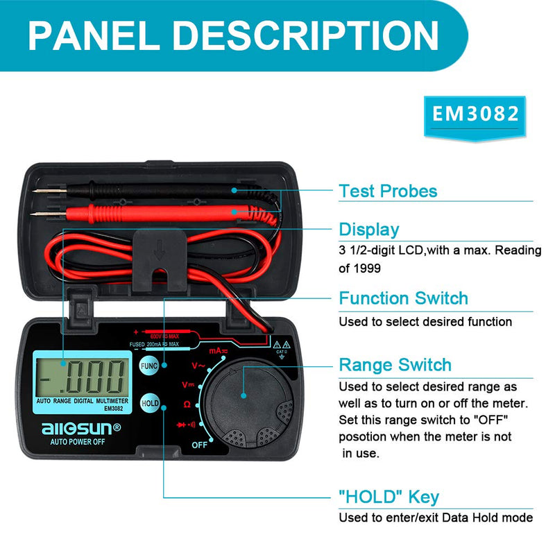 allsun Mini Auto Range Digital Multimeter AutomotiveTester AC DC Volt AMP OHM LCD Voltmeter Ammeter Tester Tool Auto Power Off Data Hold EM3082