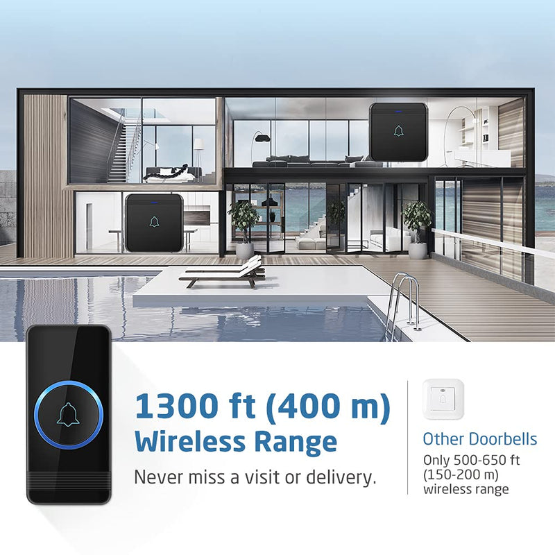 Wireless Doorbell, AVANTEK D-3B Waterproof Door Chime Kit Operating at over 1300 Feet with 2 Plug-In Receivers, 52 Melodies, CD Quality Sound and LED Flash Black