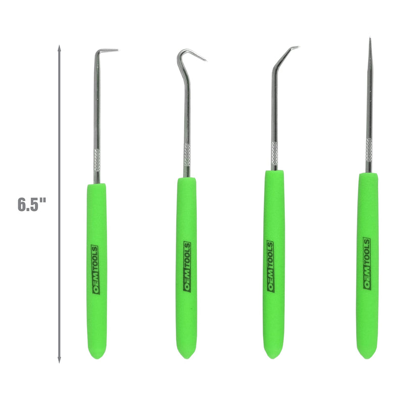 OEMTOOLS 26535 4 Piece Hook and Pick Set, Green Handled Pick Tool Set, Tool Hooks for Precision Projects, O Ring Pick Set, 4 Hook Tool Kit