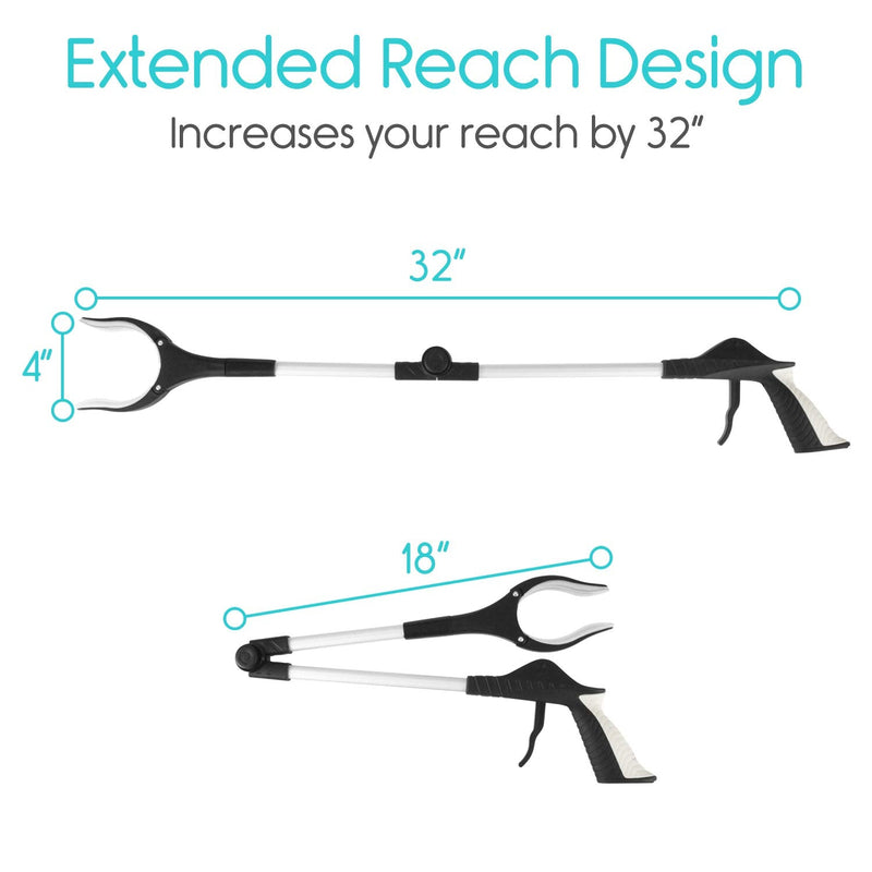 Vive Folding Reacher Grabber 32 Inch - Extra Reach Extender, Heavy Duty Mobility Grip Hand Aid - Extra Long Handled Shelf Tool, Trash Litter Picker, Garbage Garden Nabber Handle, Disabled Handicap Arm 1