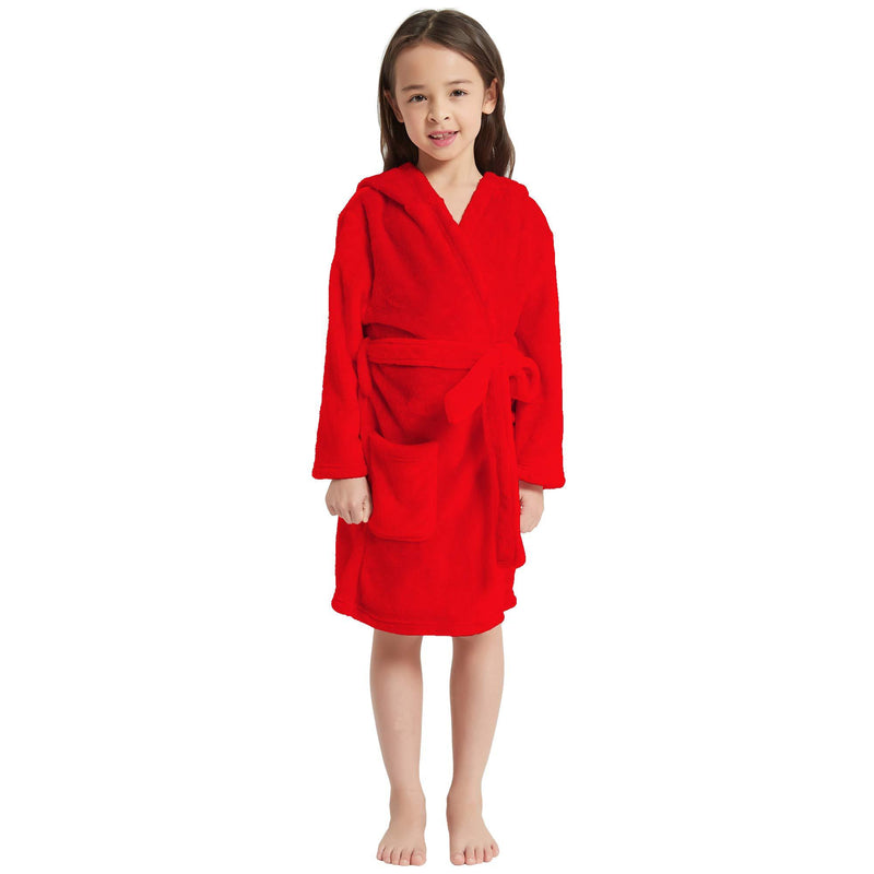 V.&GRIN Boys Girls Fleece Bathrobe, Hooded Toddler Soft Fuzzy Robe for Kids 3-12 Years Coral Red 2-3T