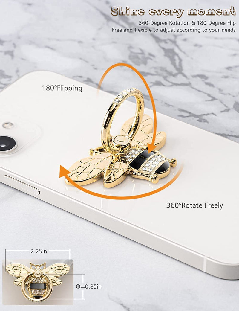 Bee Cell Phone Ring Holder with Crystal Stone, Allengel 360 Rotation Glitter Phone Ring Grip for Girls Women, Compatible with iPhone, Samsung Galaxy and Most Android Phone (Gold and Black) gold02