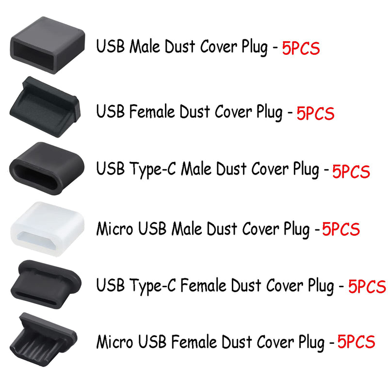 30 PCS 6 Types USB Anti Dust Cover Plugs, USB Type-C Dust Stopper, Silicone Soft Micro USB Cap Port Protector, Anti Dust Cover Protector Plugs Cap for USB A, Micro USB, Type C Ports (30PCS) 30PCS