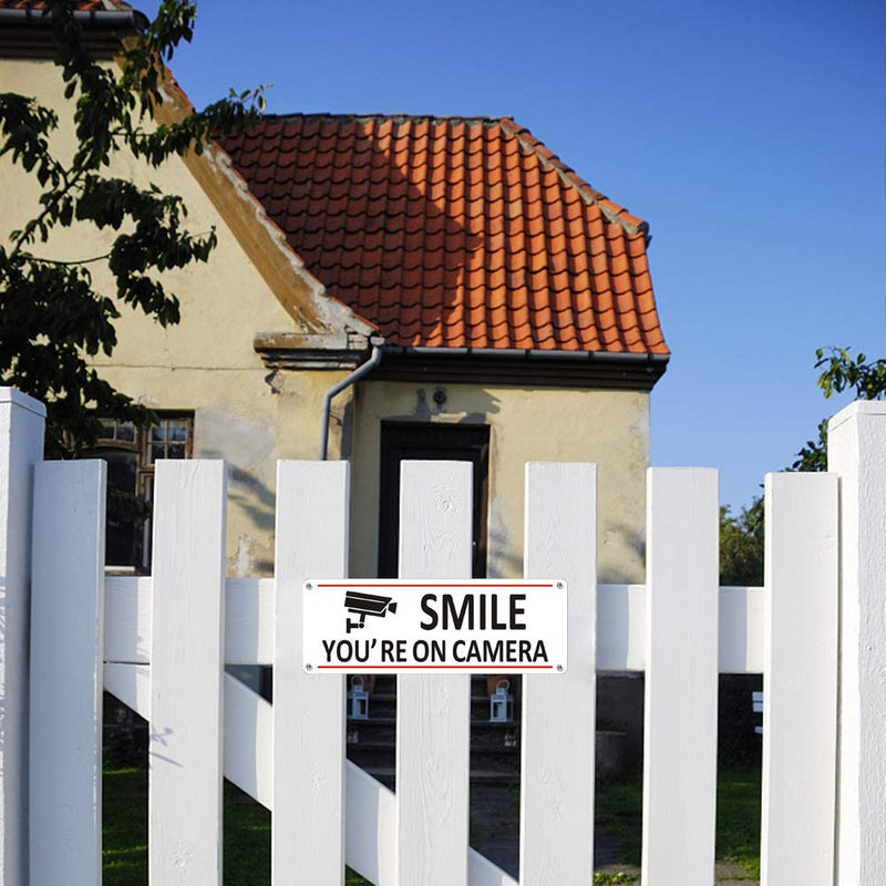 (4 Pack) Smile You're on Camera Sign, Video Surveillance Sign for Business, 10 x 3.5 inches Home Security Signs for House Fence, Metal Security Camera Warning Sign Outdoor, Aluminum CCTV Sign for Yard You're on Camera Sign-C02B