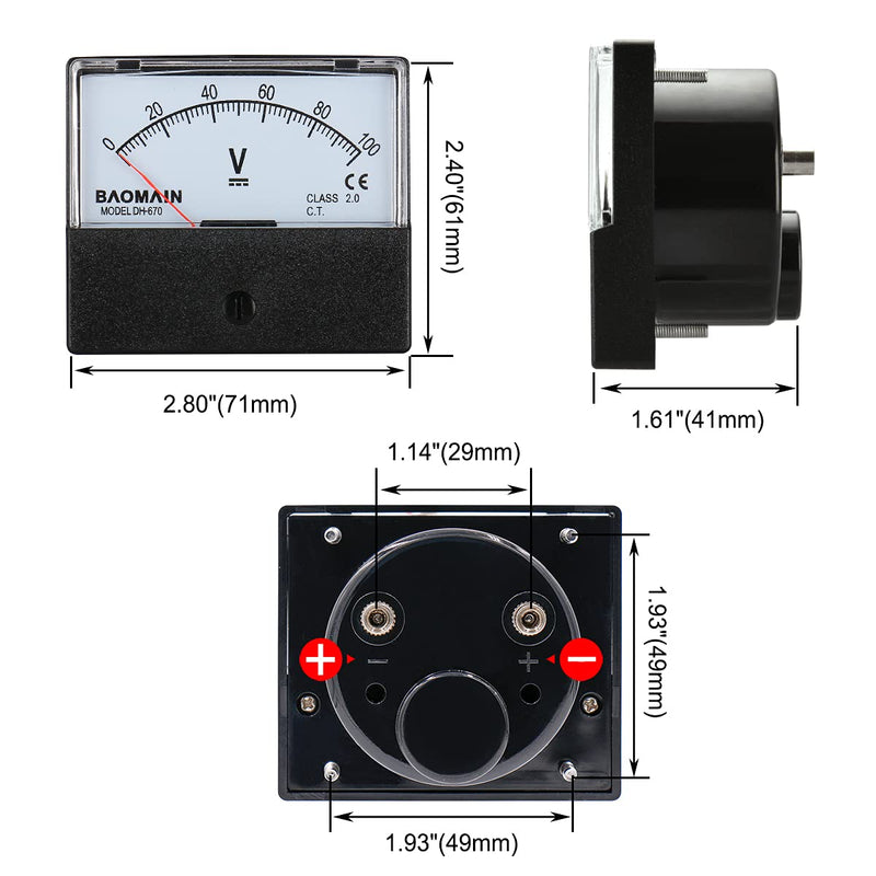 Baomain Voltmeter DH-670 DC 0-100V Rectangular Class 2.0 Analog Panel Volt Voltage Meter