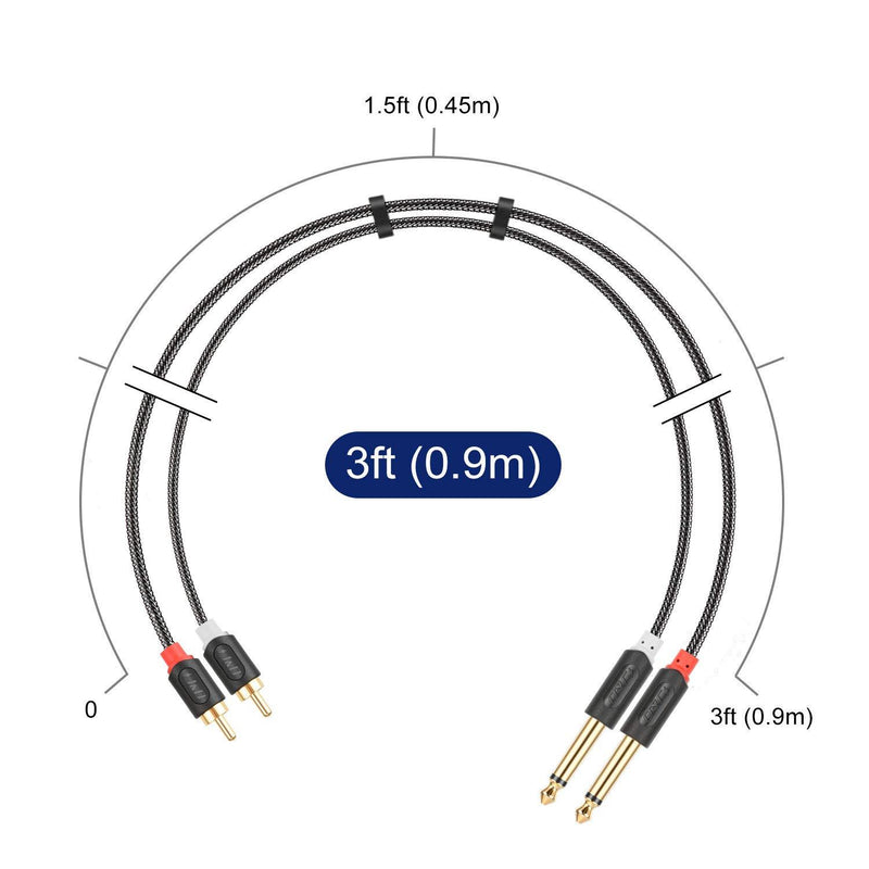 J&D Dual 1/4 inch TS to Dual RCA Stereo Audio Interconnect Cable, Gold Plated Audiowave Series 2X 6.35mm Male TS to 2 RCA Male Stereo Audio Adapter with PVC Shelled Housing and Nylon Braid, 3 Feet
