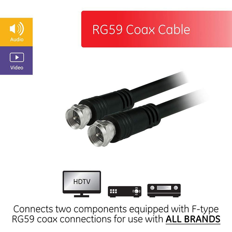 GE RG59 Coaxial Cable, 6 ft. F-Type Connectors, Double Shielded Coax, Input/Output, Low Loss, Ideal for TV Antenna, DVR, VCR, Satellite Receiver, Cable Box, Home Theater, Black, 23217 6 Feet